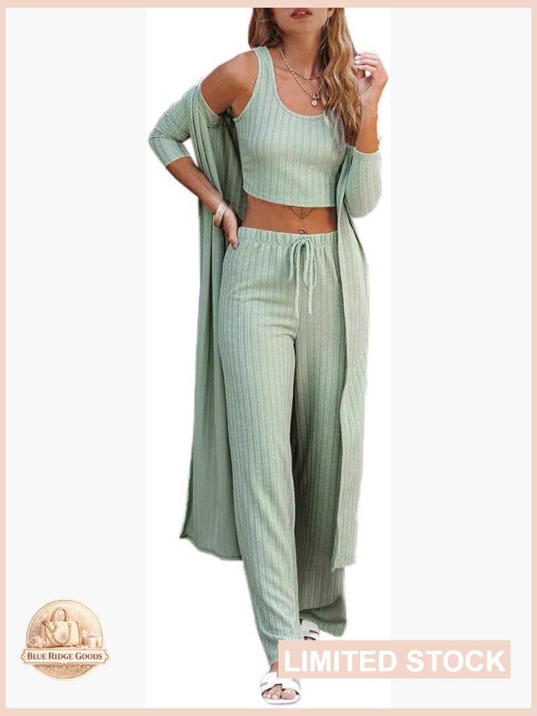 3 Piece Lounge Sets Pajamas Knit Long Sleeve Cardigan Crop Top Wide Leg Pants